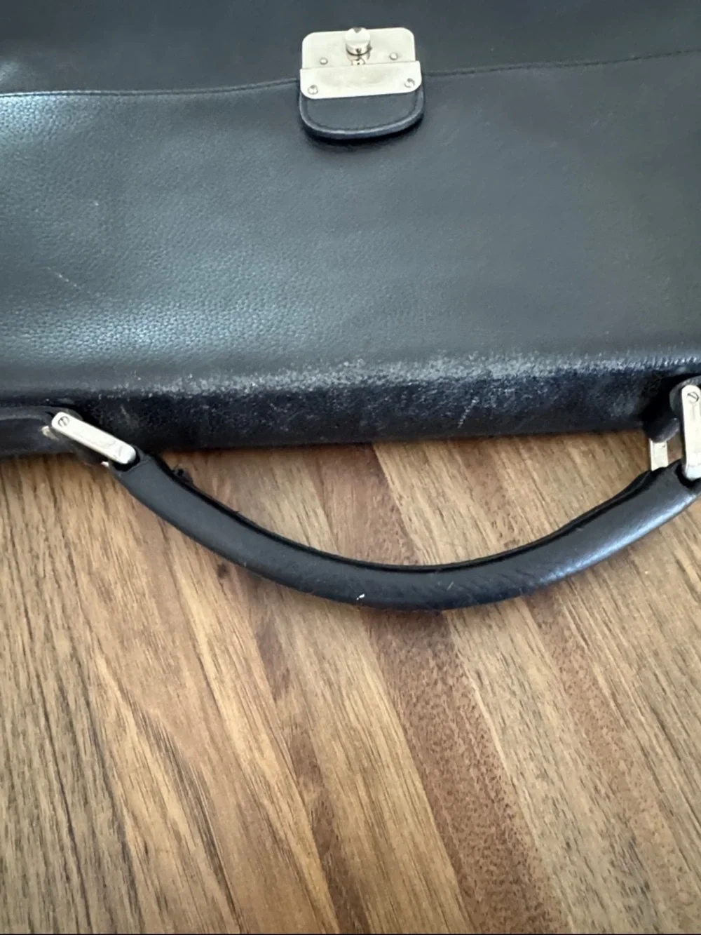 Longchamp Black Leather Briefcase with Silver Lock